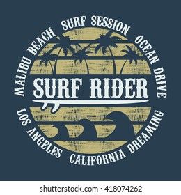 Vector illustration on the theme of surf rider and surfing in California, Malibu Beach. Vintage design. Grunge background.  Typography, t-shirt graphics, poster, banner, flyer, print and postcard