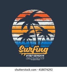 Vector illustration on the theme of surf and surfing in California, Venice beach. Grunge design.  Typography, t-shirt graphics, poster, banner, flyer, postcard