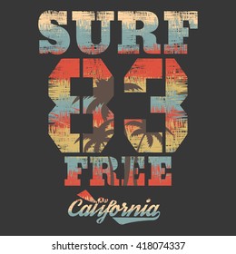 Vector illustration on the theme of surf and surfing in California. Vintage design. Grunge background.  Number sport typography, t-shirt graphics, poster, banner, flyer, print and postcard