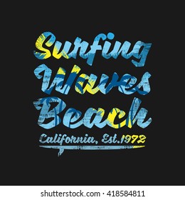 Vector illustration on the theme of surf and surfing in California. Vintage design. Grunge background. Sport typography, t-shirt graphics, poster, banner, flyer, print and postcard