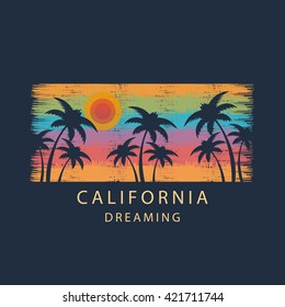 Vector illustration on the theme of surf and surfing. Slogan: California dreaming. Grunge background. Typography, t-shirt graphics, poster, print, banner, flyer, postcard