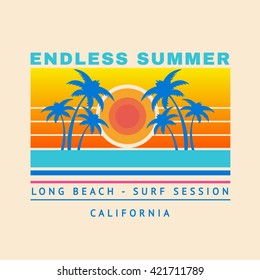 Vector illustration on the theme of surf and surfing in California, Long beach. Typography, t-shirt graphics, poster, banner, flyer, postcard