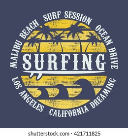 Vector illustration on the theme of surf and surfing in California, Malibu Beach. Vintage design. Grunge background.  Typography, t-shirt graphics, poster, banner, flyer, print and postcard