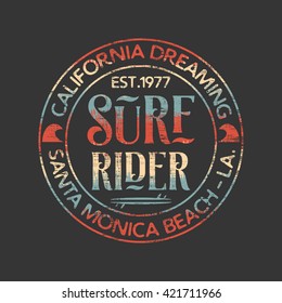 Vector illustration on the theme of surf rider and surfing in California, Malibu Beach. Vintage design. Grunge background.  Typography, t-shirt graphics, poster, banner, stamp, print and postcard