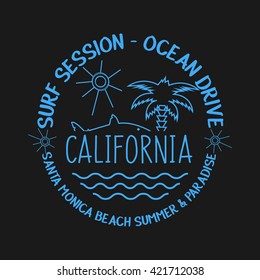 Vector illustration on the theme of surf and surfing in California, Santa Monica beach. Flat Style. Typography, t-shirt graphics, print, poster, banner, flyer, postcard