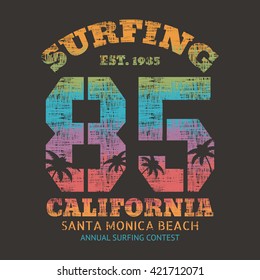 Vector illustration on the theme of surf and surfing in California, Santa Monica Beach. Vintage design. Grunge background.  Number sport typography, t-shirt graphics, poster,   print and postcard