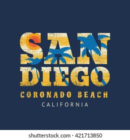 Vector illustration on the theme of surf and surfing in California, San Diego, Coronado beach. Grunge background.  Typography, t-shirt graphics, print, poster, banner, flyer, postcard