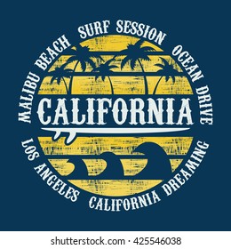 Vector illustration on the theme of surf and surfing in California, Malibu Beach. Vintage design. Grunge background.  Typography, t-shirt graphics, poster, banner, flyer, print and postcard