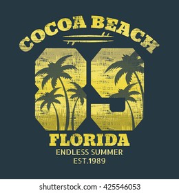 Vector illustration on the theme of surf and surfing in Cocoa beach, Florida. Vintage design.  Grunge background.  Number sport typography, t-shirt graphics, poster, print, banner, flyer, postcard