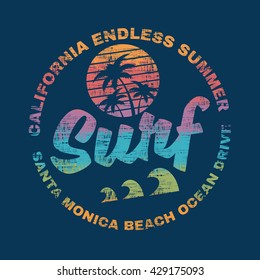 Vector illustration on the theme of surf and surfing in California, Santa Monica beach. Grunge background. Typography, t-shirt graphics, print, poster, banner, flyer, postcard