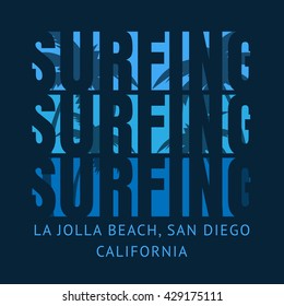 Vector illustration on the theme of surf and surfing in California, San Diego, La Jolla beach.  Typography, t-shirt graphics, print, poster, banner, flyer, postcard