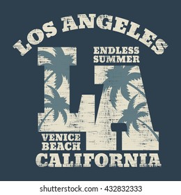 Vector illustration on the theme of surf and surfing in California, Los Angeles, Venice beach. Vintage design.  Typography, t-shirt graphics, print, poster, banner, flyer, postcard