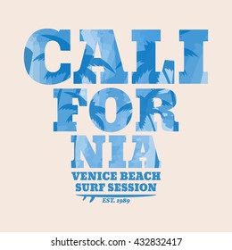 Vector illustration on the theme of surf and surfing in California, Venice beach. Watercolor painting effect. Typography, t-shirt graphics, print, poster, banner, flyer, postcard