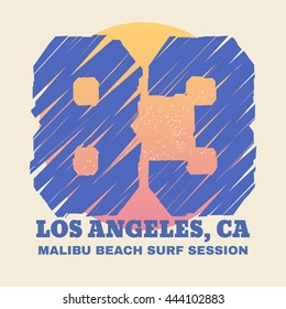 Vector illustration on the theme of surf and surfing in Los Angeles, California, Malibu beach.  Number sport typography, t-shirt graphics, poster, banner, print, flyer, postcard