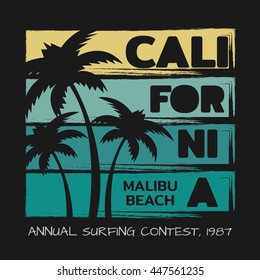 Vector illustration on the theme of surf and surfing in California, Malibu beach. Grunge background.  Vintage design.  Typography, t-shirt graphics, print, poster, banner, flyer, postcard