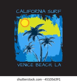 Vector illustration on the theme of surf and surfing in Venice beach, California.  Grunge background. Typography, t-shirt graphics, poster, print, banner, flyer, postcard

