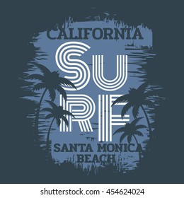 Vector illustration on the theme of surf and surfing in California, Santa Monica beach. Grunge background.  Typography, t-shirt graphics, print, poster, banner, flyer, postcard