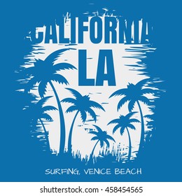 Vector illustration on the theme of surf and surfing in Venice beach, California, Los Angeles.  Grunge background. Vintage design. Typography, t-shirt graphics, poster, print, banner, flyer, postcard