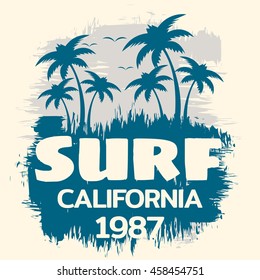 Vector illustration on the theme of surf and surfing in California.  Grunge background. Vintage design. Typography, t-shirt graphics, poster, banner, flyer, postcard