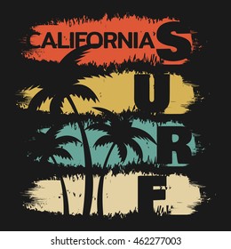 Vector illustration on the theme of surf and surfing in California.  Grunge background. Vintage design. Typography, t-shirt graphics, poster, banner, flyer, postcard

