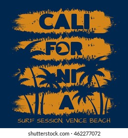 Vector illustration on the theme of surf and surfing in Venice beach, California. Vintage design. Grunge background. Typography, t-shirt graphics, poster, print, banner, flyer, postcard