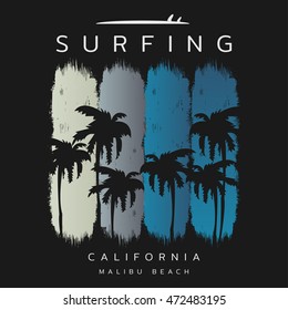 Vector illustration on the theme of surf and surfing in California, Malibu beach. Grunge background.  Typography, t-shirt graphics, poster, banner, flyer, postcard