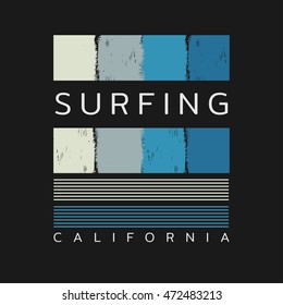 Ilustração vetorial sobre o tema do surf e surf na Califórnia. Fundo grunge. Tipografia, t-shirt gráficos, cartaz, banner, folheto, cartão postal