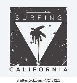 Vector illustration on the theme of surf and surfing in California. Grunge background.  Vintage design. Typography, t-shirt graphics, poster, banner, flyer, postcard