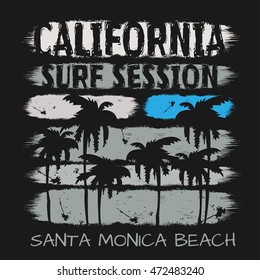 Vector illustration on the theme of surf and surfing in California, Santa Monica beach. Grunge background.  Vintage design.  Typography, t-shirt graphics, poster, banner, flyer, postcard