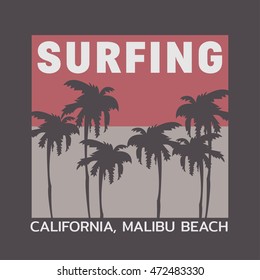 Vector illustration on the theme of surf and surfing in California, Malibu beach. Typography, t-shirt graphics, poster, banner, flyer, postcard