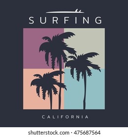 Vector illustration on the theme of surf and surfing in California.  Typography, t-shirt graphics, poster, banner, flyer, postcard

