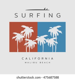 Vector illustration on the theme of surf and surfing in California.  Typography, t-shirt graphics, poster, banner, flyer, postcard