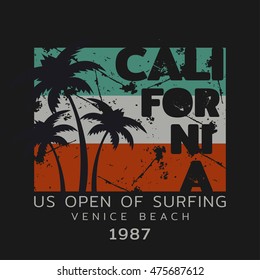 Vector illustration on the theme of surf and surfing in California, Venice beach. Grunge background. Vintage design. Typography, t-shirt graphics, poster, banner, flyer, postcard