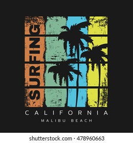 Vector illustration on the theme of surf and surfing in California, Malibu beach. Grunge background.  Typography, t-shirt graphics, poster, banner, flyer, postcard

