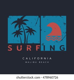 Vector illustration on the theme of surf and surfing in California, Malibu beach. Grunge background.  Typography, t-shirt graphics, poster, banner, flyer, postcard