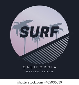 Vector illustration on the theme of surf and surfing in California, Malibu beach.  Typography, t-shirt graphics, poster, banner, flyer, postcard