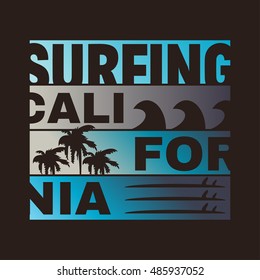 Vector illustration on the theme of surf and surfing in California. Typography, t-shirt graphics, poster, banner, flyer, print, postcard