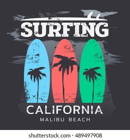 Vector illustration on the theme of surf and surfing in California, Malibu beach. Grunge background. Typography, t-shirt graphics, poster, banner, flyer, print, postcard
