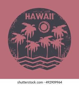Vector illustration on the theme of surf and surfing in Hawaii. Vintage design. Grunge background. Stamp typography, t-shirt graphics, poster, print, banner, flyer, postcard