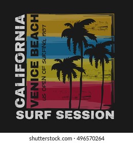 Vector illustration on the theme of surf and surfing in California, Venice beach. Grunge background. Typography, t-shirt graphics, poster, banner, flyer, print, postcard