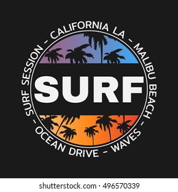 Vector illustration on the theme of surf and surfing in California, Malibu beach. Typography, t-shirt graphics, poster, banner, flyer, print, postcard