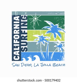 Vector illustration on the theme of surf and surfing in California, San Diego, La Jolla beach. Grunge background. Vintage design.  Typography, t-shirt graphics, print, poster, banner, flyer, postcard