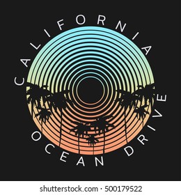 Vector illustration on the theme of surf and surfing in California. Typography, t-shirt graphics, poster, banner, flyer, print, postcard