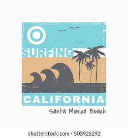 Vector illustration on the theme of surf and surfing in California, Santa Monica beach. Grunge background. Vintage design.  Typography, t-shirt graphics, print, poster, banner, flyer, postcard