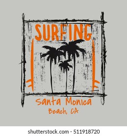 Vector illustration on the theme of surf and surfing in California, Santa Monica beach. Grunge background.  Typography, t-shirt graphics, print, poster, banner; flyer, postcard