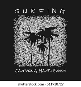 Vector illustration on the theme of surf and surfing in California, Malibu beach.  Grunge background.  Typography, t-shirt graphics, poster, print, banner, flyer, postcard