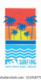Vector illustration on the theme of surf and surfing in California, Santa Monica beach.  Typography, t-shirt graphics, print, poster, banner, flyer; postcard