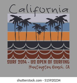 Vector illustration on the theme of surf and surfing in California, Huntington beach.  Typography, t-shirt graphics, poster, print, banner, flyer, postcard