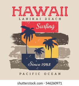 Vector Illustration On The Theme Of Surf And Surfing In Hawaii, Lanikai Beach.  Grunge Background.  Vintage Design.  Number Sport Typography, T-shirt Graphics, Print, Poster, Banner, Flyer, Postcard