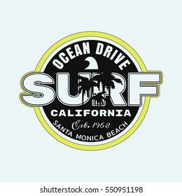 Vector illustration on the theme of surf and surfing in California, Santa Monica beach.  Stamp typography, t-shirt graphics, print, poster, banner, flyer, postcard